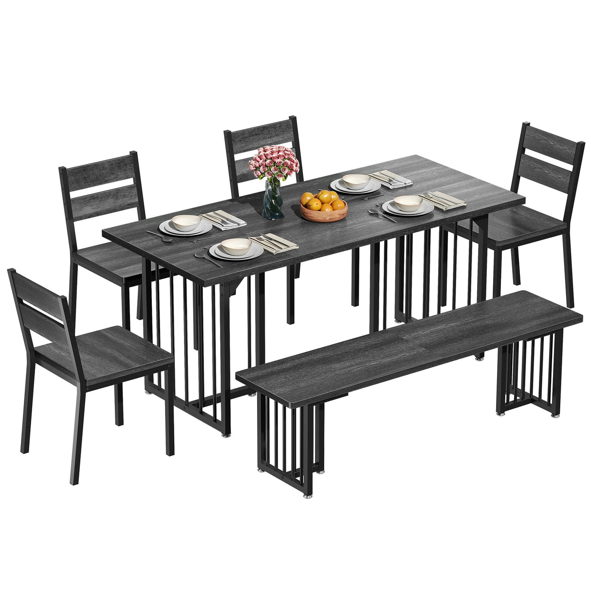 YITAHOME 6-Piece Dining Table Set for 6-8 People, 63 Inch Kitchen Table Set with 4 Chairs and 2 Benches, Farmhouse Rectangular Dining Room Table Set for Kitchen Apartment Saving Space, Dark Grey YITAHOME