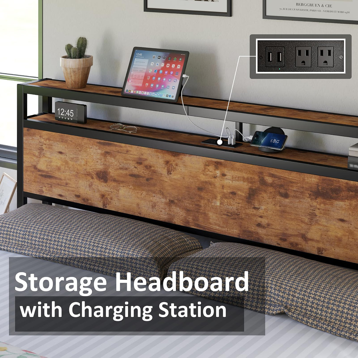 AMERLIFE Industrial King Size Bed Frame with Charging Station and 2-Tier Storage Headboard – No Box Spring Needed, Noise-Free, Dark Brown AMERLIFE