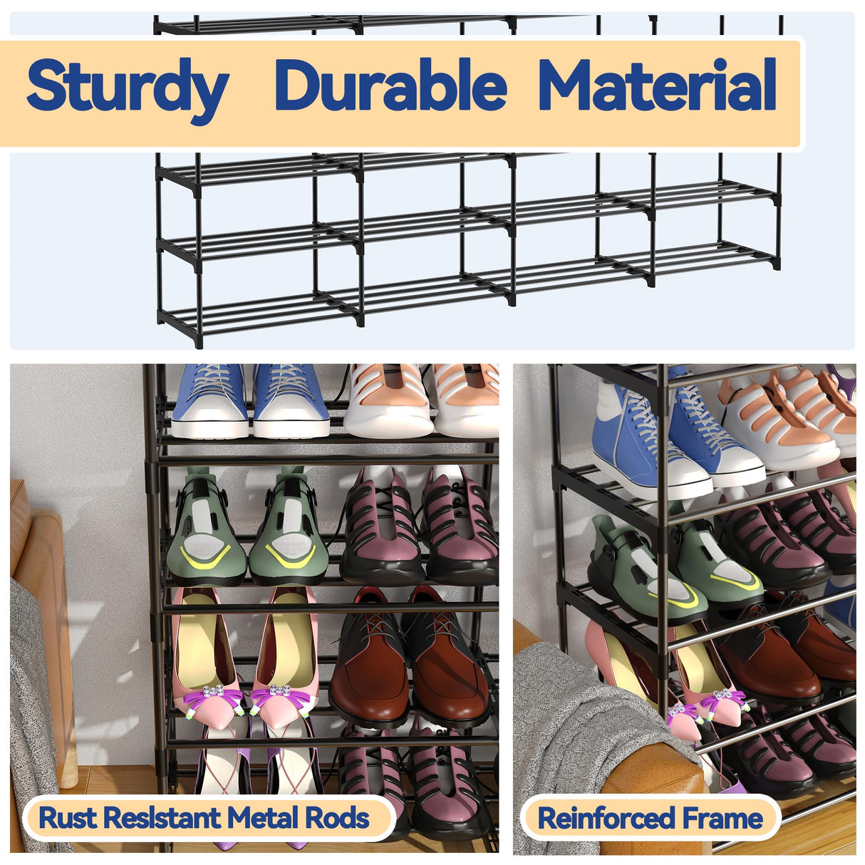DYJIEKAI Large Shoe Rack Organizer, 4-Row 8-Tier Tall Shoe Storage Shelf for Closet, Entryway, Garage, Metal Free Standing Shoe Holder for 56-64 Pairs Shoes, Sturdy Stackable Shoe Stand for Bedroom DYJIEKAI