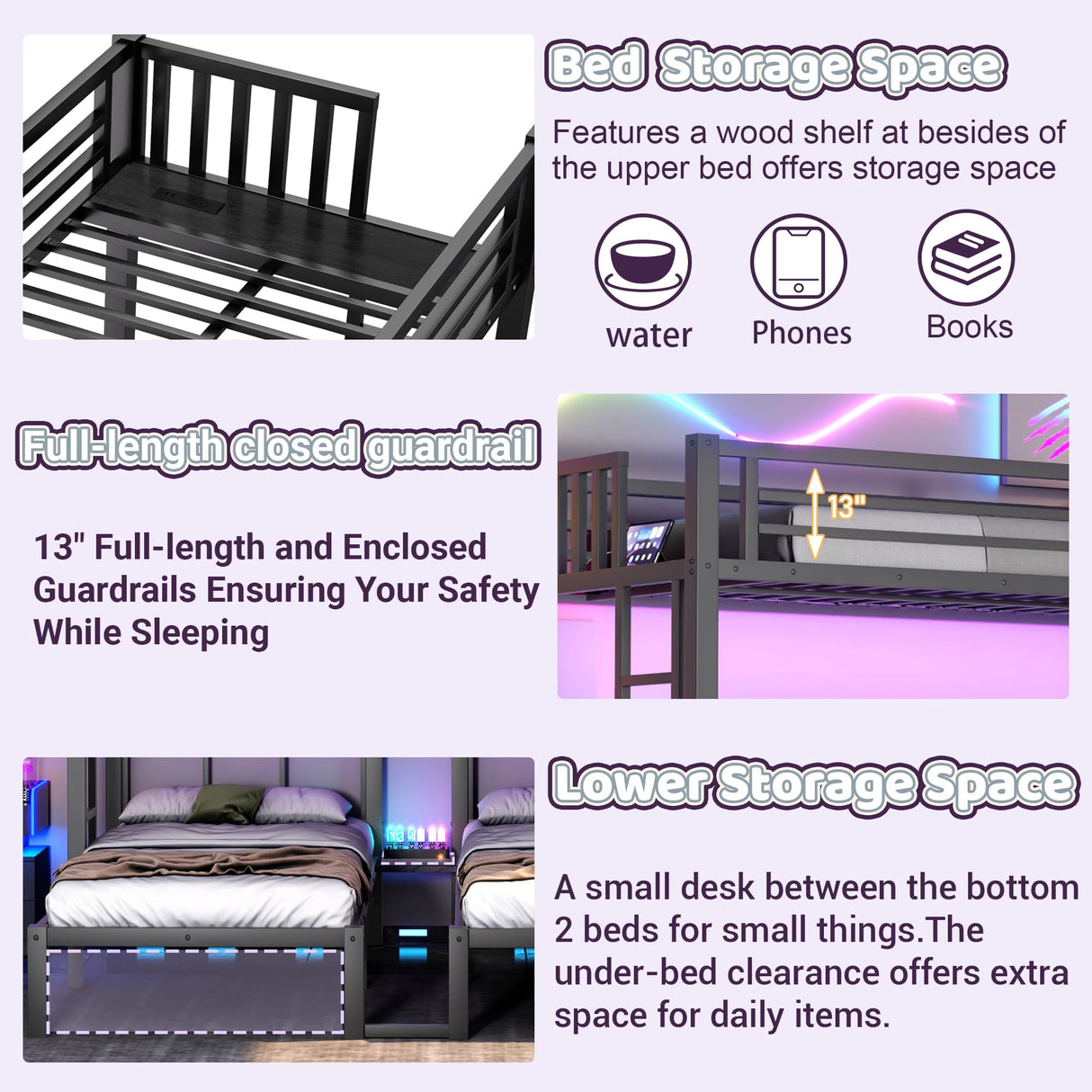 Duxelifin Triple Bunk Bed with LED Lights,Metal Bunk Beds Convertible to 3 Beds with Charging Station,Heavy Duty Bunk Bed Frame with Guardrails and Ladder, for Kids Teens(Black) Duxelifin