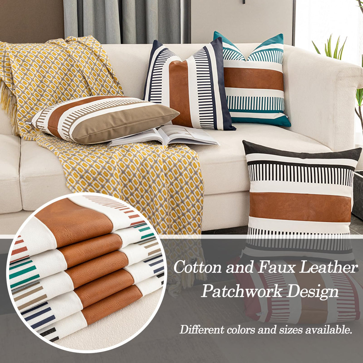 Vfuty Pack of 2 Farmhouse Throw Pillow Covers for Couch Sofa Decorative Faux Leather Square Cushion Cover Tribal Stripe Accent Pillow Case 18 x 18 Inch,Black Vfuty