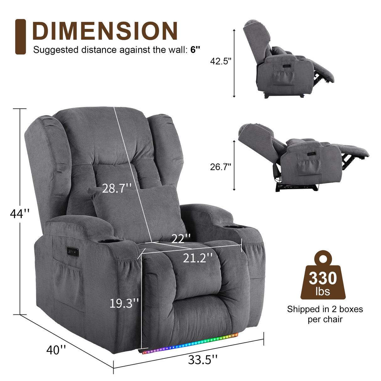 DRMBOOK Power Recliner Chair, Electric Wall Hugger Reclining Sofa with Massage & Heat, Overstuffed Movie Theater Seating with LED/USB Port/Cup Holders for Living Room (Linen Grey, 1 Chair) DRMBOOK