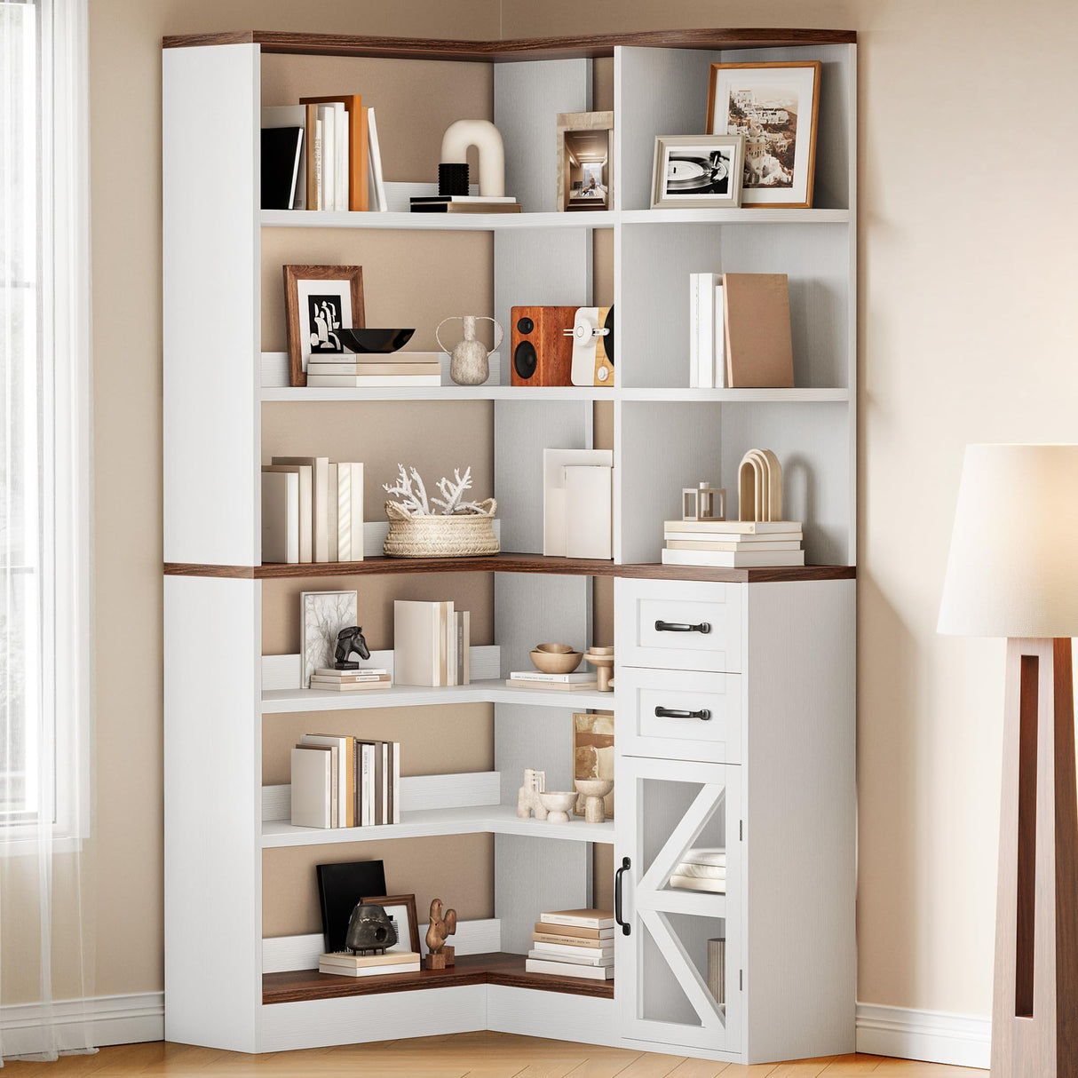 YITAHOME Corner Bookshelf with Storage, Farmhouse 6-Tier Bookshelf with Drawers and Cabinets, L-Shaped Bookcase LED Lights Corner Display Shelf for Home Office, Living Room, Bedroom YITAHOME