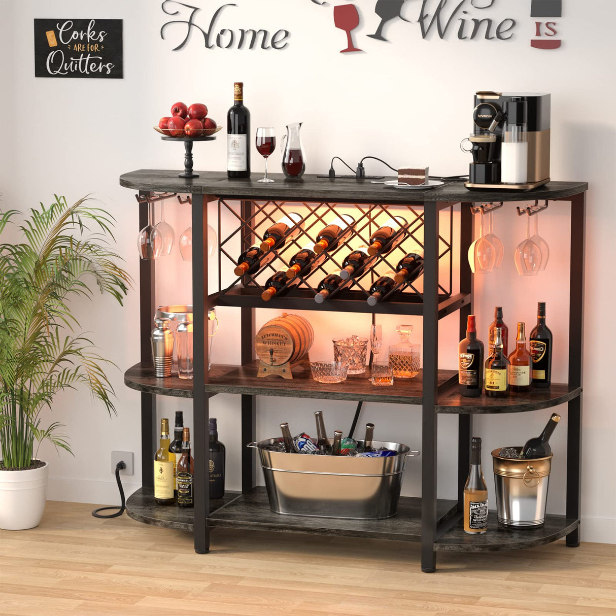 Unikito 4-Tier Metal Coffee Bar Cabinet with Outlet and LED Light, Freestanding Floor Bar Table for Liquor with Glass Holder and Wine Rack Storage, Wine Bakers Rack for Kitchen Dining Room, Gray Oak Unikito