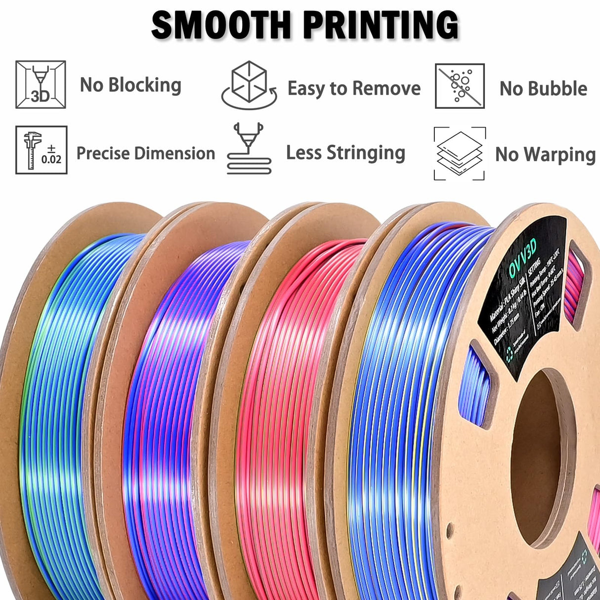 OVV3D 3D Printer Filament, Tri-Colors PLA Filament 1.75mm, Coextrusion Silk PLA Filament, Rainbow PLA Filament with Silk PLA Blue-Green-Orange, 3D Printing Filament +/-0.02mm, 1kg/2.2lbs OVVNYXE