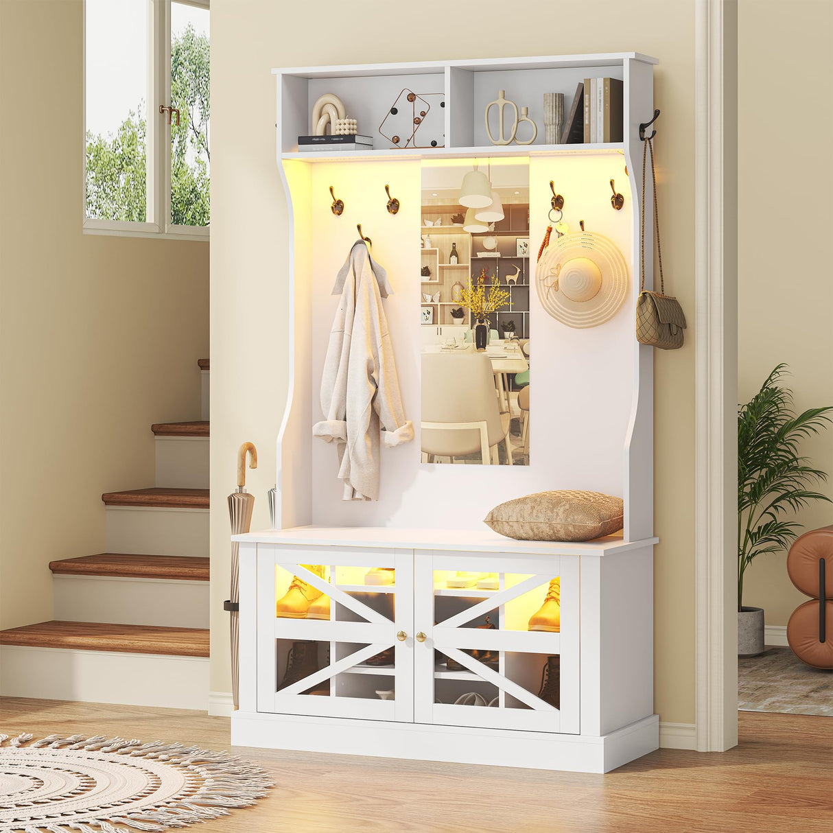 Semoic Farmhouse Hall Tree with Bench and Shoe Storage, 7-in-1 Entryway Storage Bench with 8 Coat Racks, Shoe Rack with 7 Shoe Cubbies & Mirror & LED Light, Mudroom/Hallway Storages, White Semoic