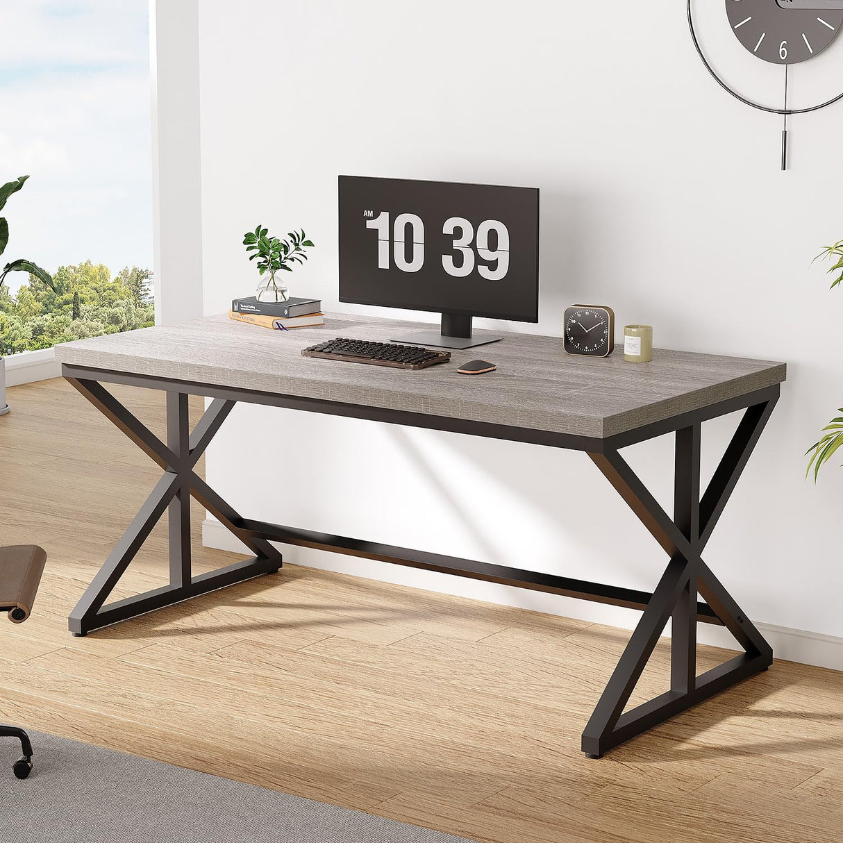 IBF Computer Desk, Industrial PC Laptop Office Desk, Farmhouse Gaming Desk with Spacious Desktop, Rustic Wood Metal Writing Study Work Table for Home Office Bedroom, 47 Inch, Grey Oak IBF