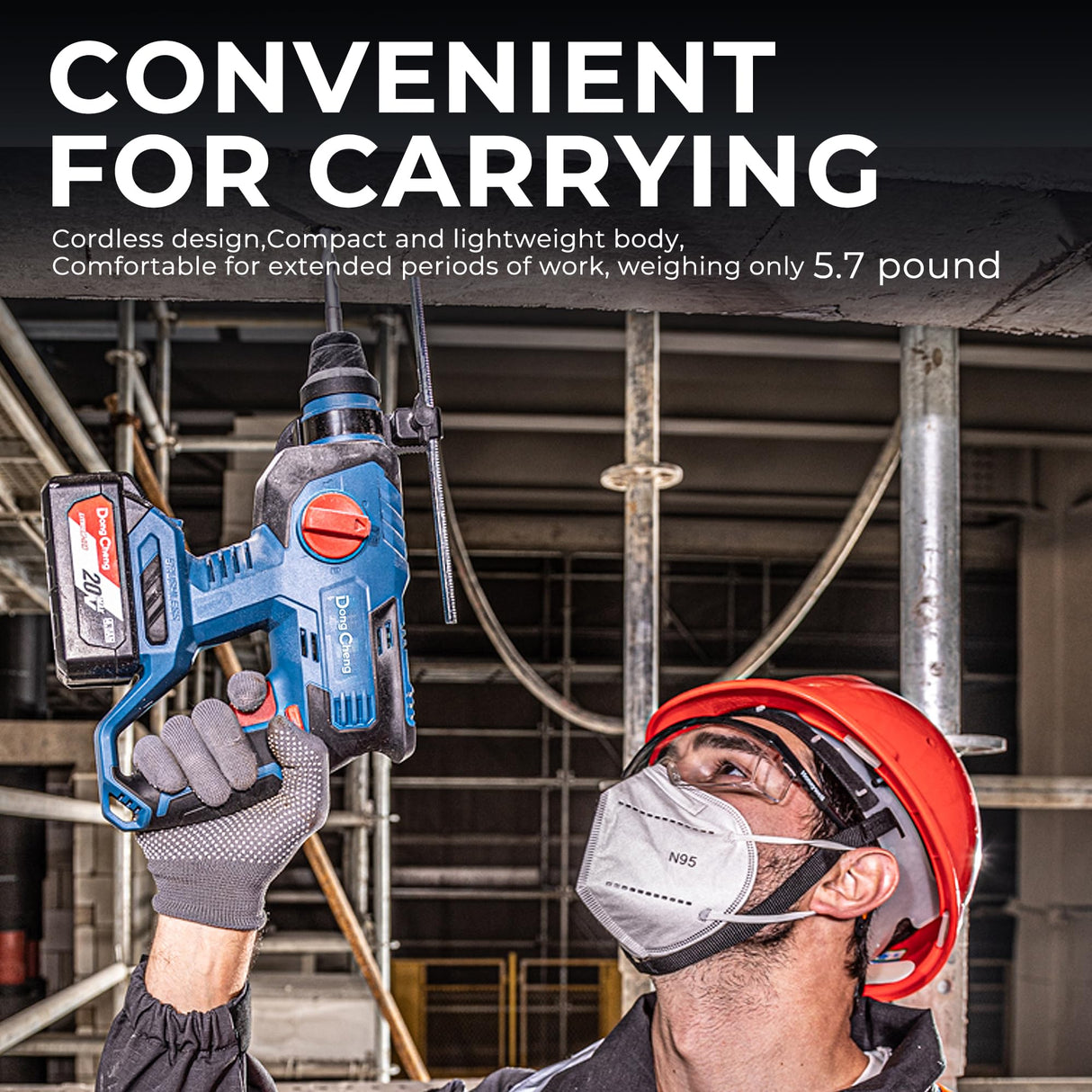 DongCheng 20V Max Brushless Rotary Hammer Drill Kit,4.0Ah Battery & Charger,7/8" SDS-Plus,2.1J Impact Energy, Cordless Demolition drill for Concrete1400RPM, 4 Application Modes,360° Adjustable Handle Dong Cheng