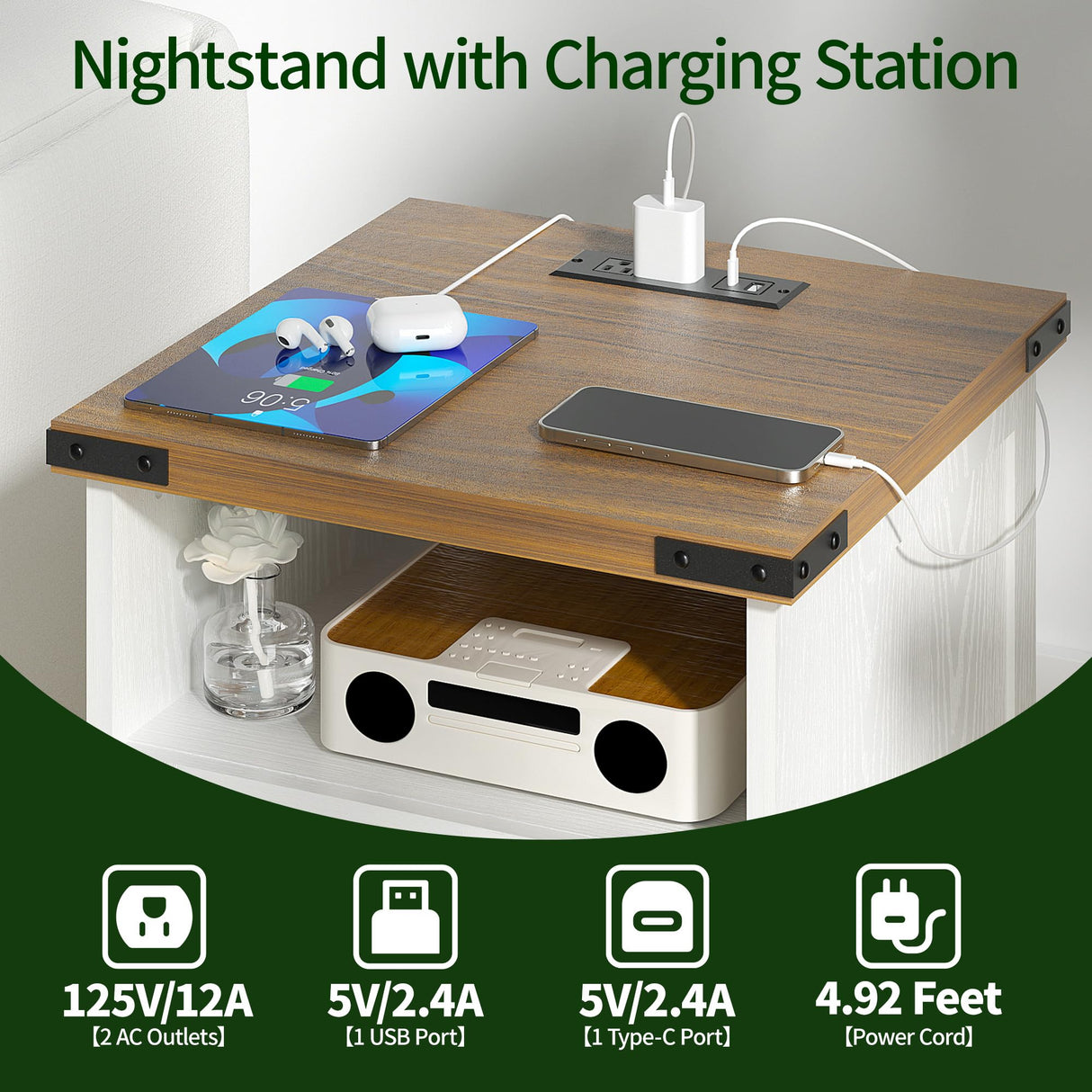 AntsandAnts White Farmhouse Nightstand Set of 2,Wood End Tables Bedroom with Charging Station,Metal Corner Night Stand with 2 Drawers for Living Room,Bedside Table Furniture AntsandAnts