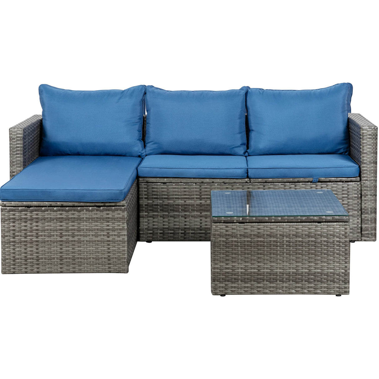 Shintenchi Outdoor Patio Furniture Sets, Small Outdoor Sofa Patio Sectional Sets 3-Piece All Weather Wicker Rattan Patio Seating Sofas with Glass Coffee Table and Cushion (Blue) Shintenchi