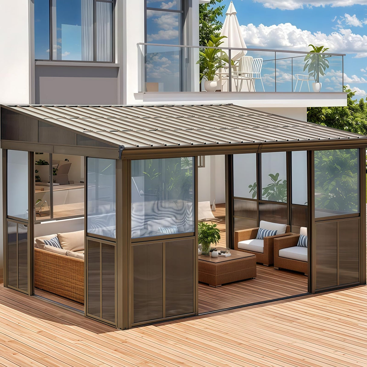 YOLENY 10x14FT Sunroom,Wall Mounted Gazebo Solarium with Front Door, Both Side Entrance, Galvanized Steel Sloping Roof, Moveable PC Screen, Outdoor Permanent Sun Room Lean to Gazebo for Deck Patio YOLENY