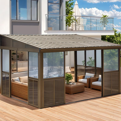 YOLENY 10x14FT Sunroom,Wall Mounted Gazebo Solarium with Front Door, Both Side Entrance, Galvanized Steel Sloping Roof, Moveable PC Screen, Outdoor Permanent Sun Room Lean to Gazebo for Deck Patio