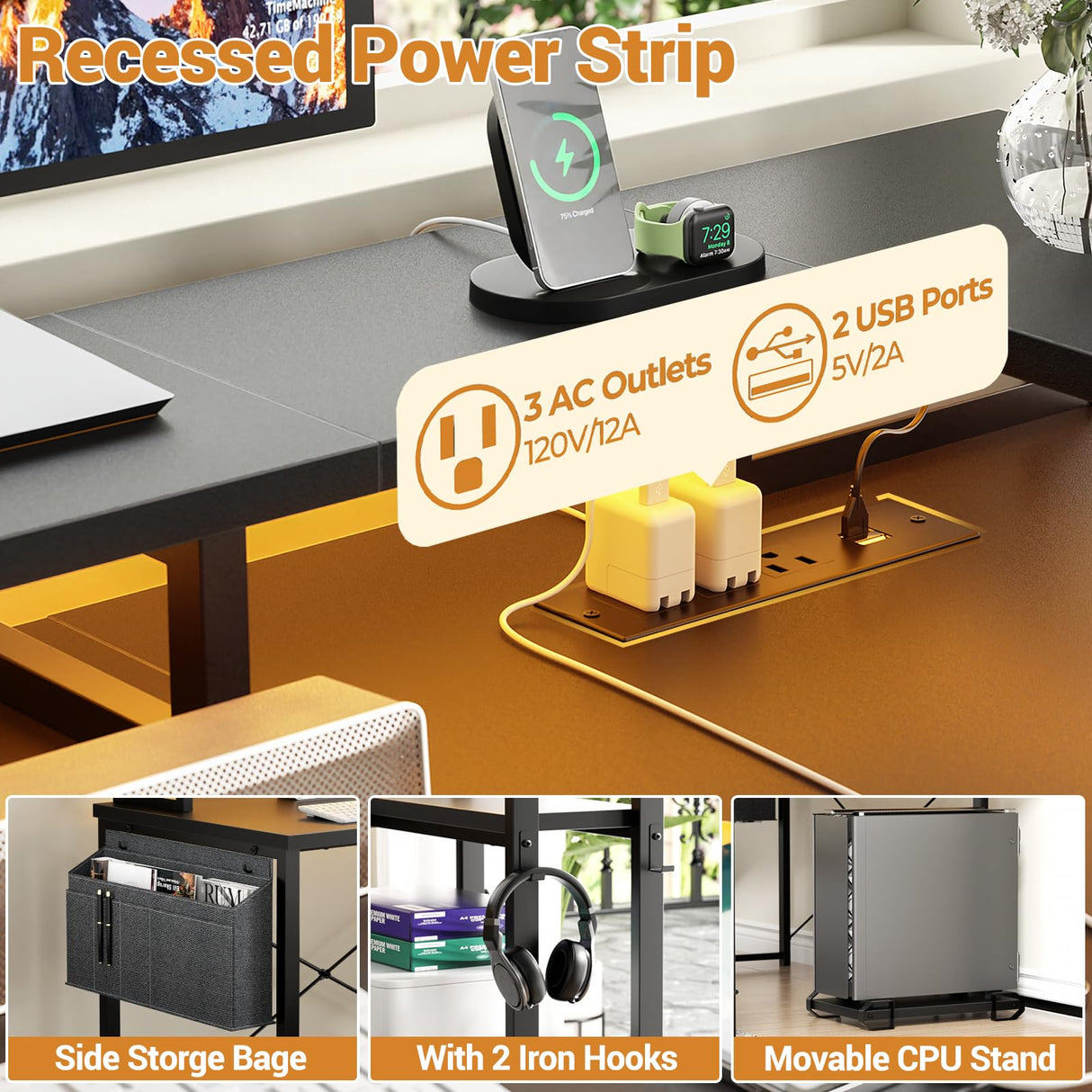 Unikito L Shaped Desk with File Drawer, Reversible L Shaped Computer Desk with Power Outlet & LED Lights, Home Office Desk Corner Desk with Monitor Shelf and Printer Cabinet, Gaming Desk, Black Unikito