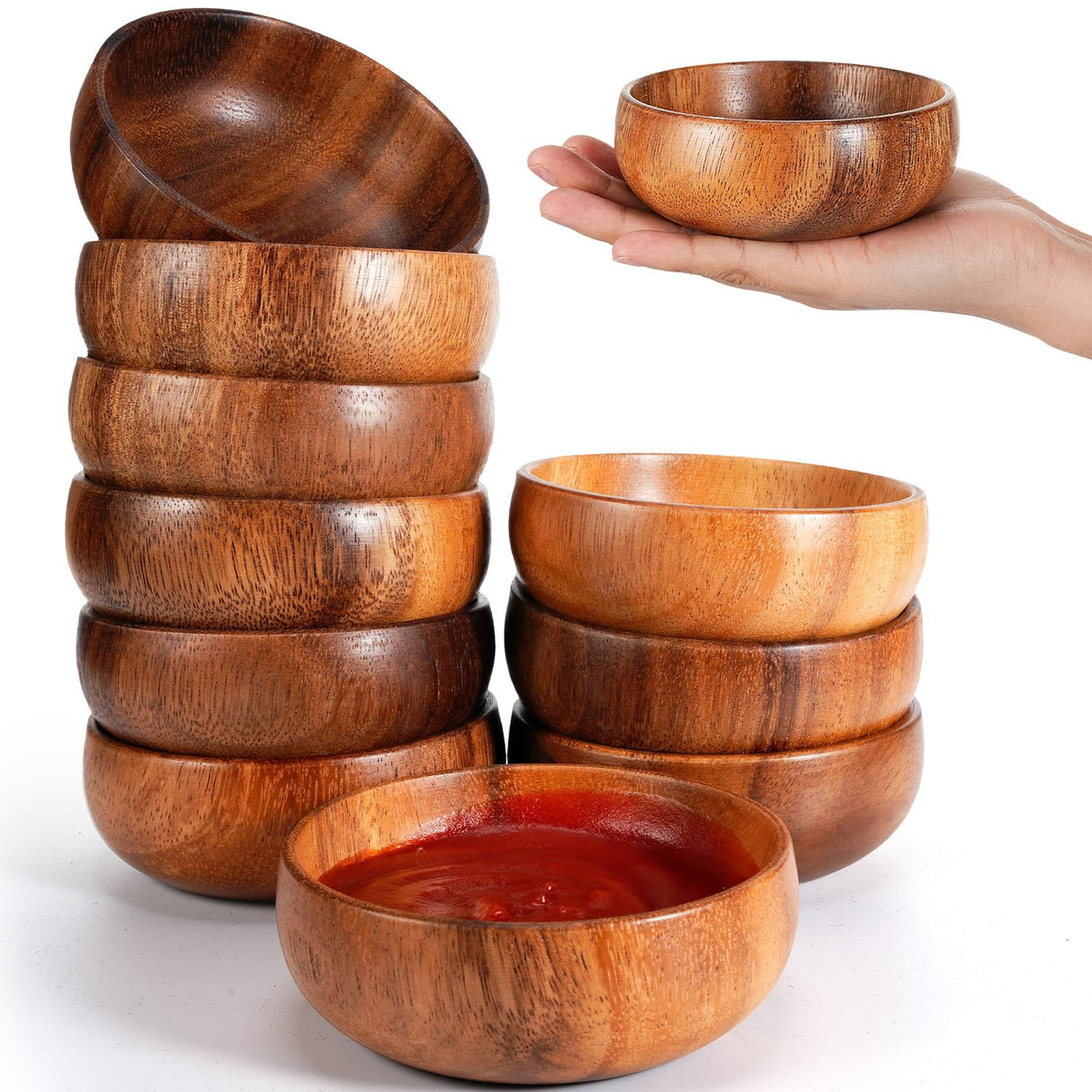 Skylety Acacia Wooden Bowls Small Calabash Bowls Round Wood Salad Hand Carved Calabash Dip Tray for Serving Popcorn Pasta Candy Cereal Coconut Nuts Sauce Appetizers Kitchen(10 Pcs,4 Inch) Skylety