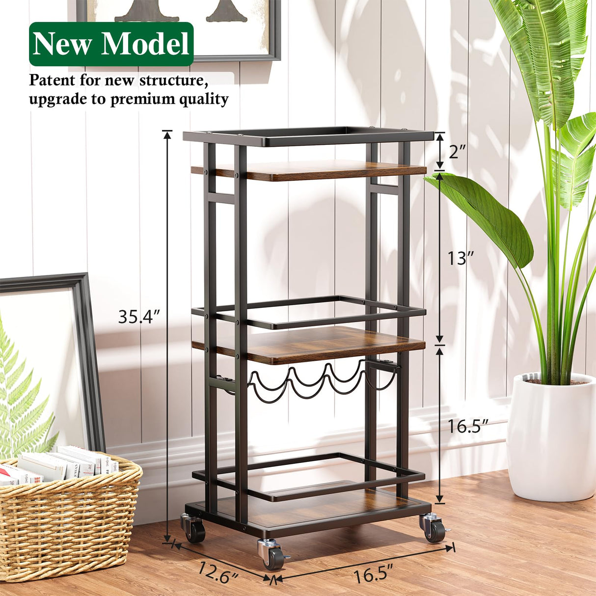 OKZEST 4-Tier Liquor Cabinet with Wine Rack, Mini Bar Cart for Home, Small Liquor Bar for Alcohol, Rolling Kitchen Serving Cart on Wheels, Wine Drink Cart for Party, Bar Stand for Small Space OKZEST