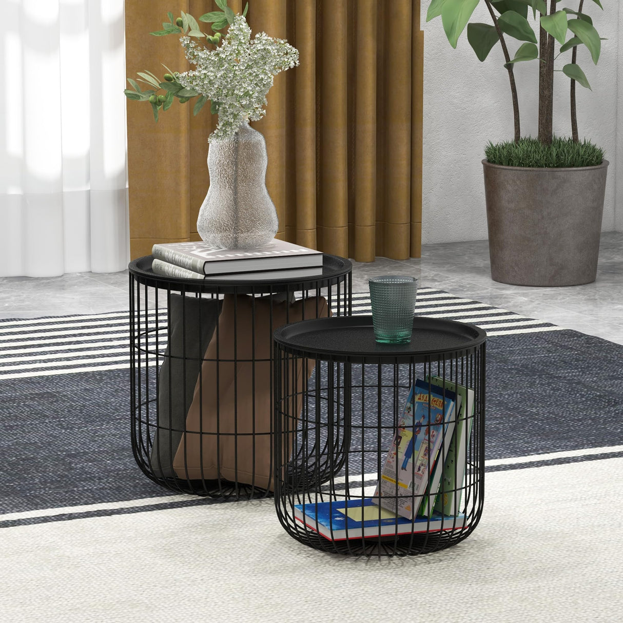 HOMCOM Nesting Coffee Tables, Round Coffee Table Set of 2 with Steel Wired Basket Body and Removable Top, Stacking End Tables Blanket Storage for Living Room, Black HOMCOM