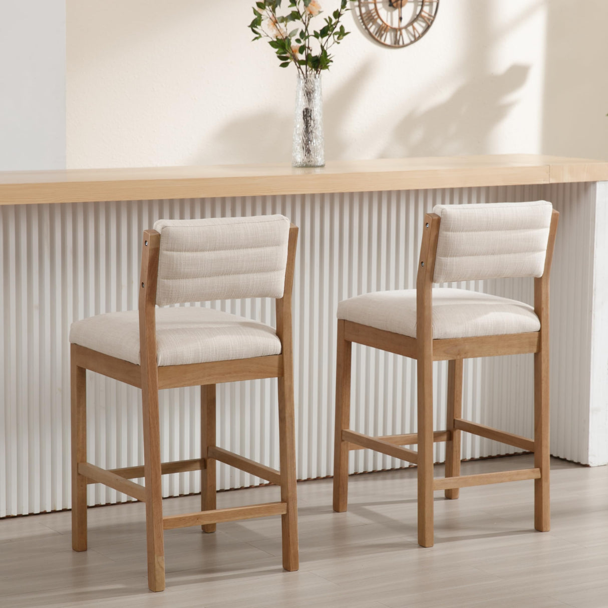 RIVOVA 26" Bar Stools Set of 2 Counter Height Bar Stools for Kitchen Counter, Modern Upholstered Barstools with Back and Wood Legs Linen Stools Farmhouse Island Chairs, Beige RIVOVA