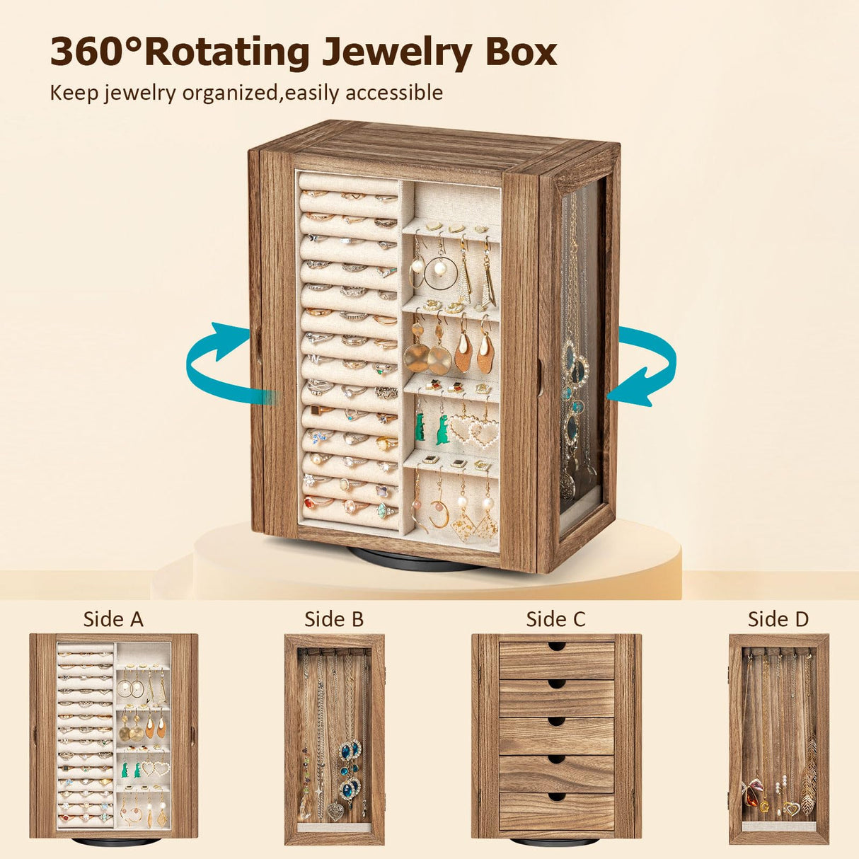 Emfogo 360° Rotating Jewelry Box for Women, Rustic Wooden Jewelry Organizer Box with 5 Drawers, Glass Doors, Vertical Open Design Jewelry Storage Case Display for Earrings Rings Necklaces Bracelets Emfogo