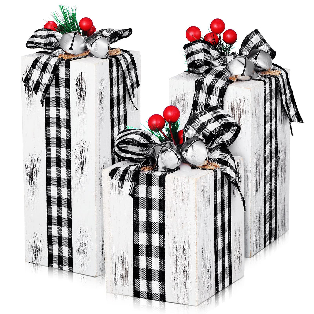 Amyhill 3 Pcs Christmas Wooden Gifts Box Decor Christmas White Black Plaid Presents Table Centerpieces Rustic Wooden Gifts Tiered Tray Decor with Buffalo Plaid Bowknot for Xmas Party Decor Amyhill