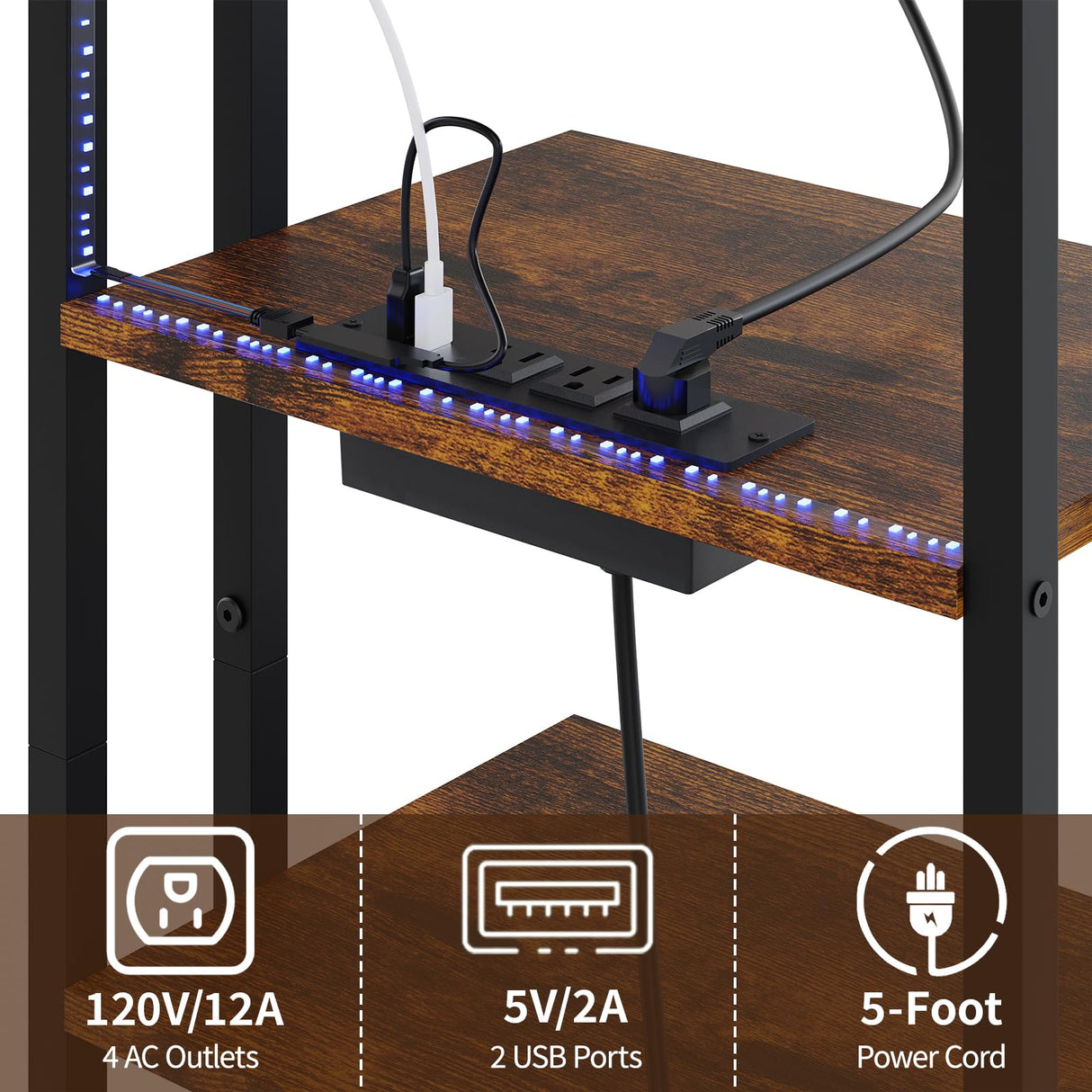 X-cosrack 4-Tier AV Media Stand with Power Strips,Wooden Corner TV Stand Shelf with LED Lights,Stereo Component Cabinet Audio Rack Stand Tower Ideal for DVD Players,Game Console TV Box,Cable Box,Xbox X-cosrack