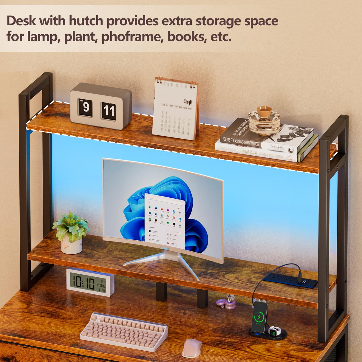 Furologee Small Computer Desk with Power Outlet and 2 Fabric Drawers, Gaming Desk with Light, Home Office Desk with Monitor Stand and Hutch for Small Space Working, Study Table with Shelf Rustic Brown Furologee