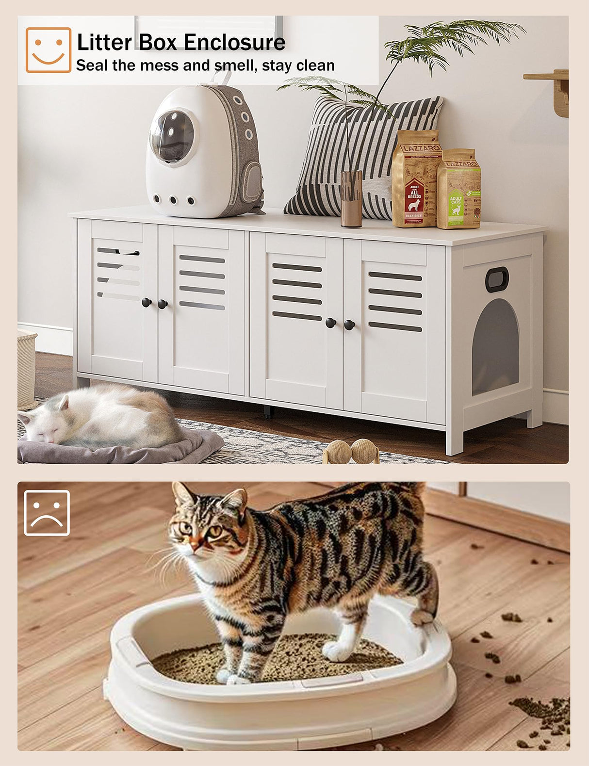 DINZI LVJ Litter Box Enclosure for 2 Cats, Hidden Litter Box Furniture with Double Rooms, Dual Cat Litter House, Front Doors, 47.2" Wooden Hidden Cat Washroom, Side End Table, TV Stand, White DINZI LVJ