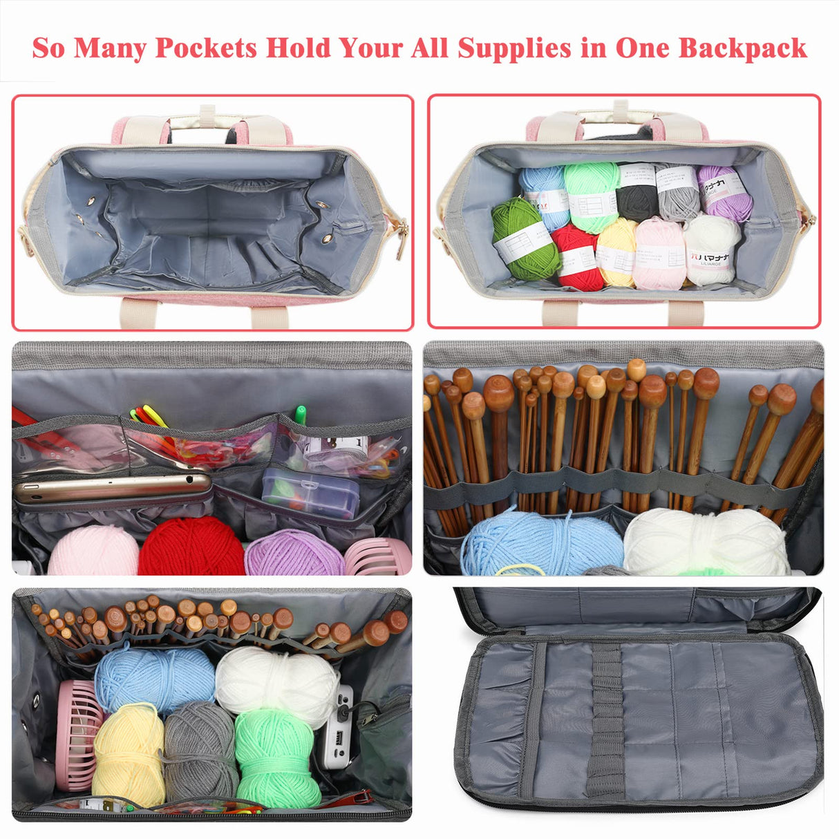 Knitting Bag Backpack,Yarn Storage Organizer Travel Crochet Bag with USB Charging Port,Large Capacity Yarn Storage Tote Bag Yarn Holder Case for Carrying Projects, Knitting Needles, Crochet Hooks Pink LTINVECK