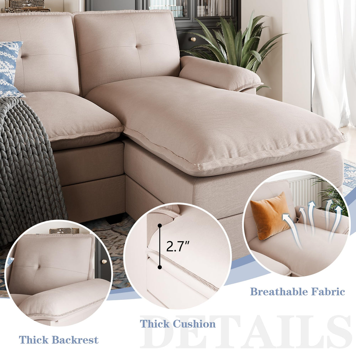 Shintenchi 110" Sectional Couches for Living Room,4 Seat U Shape Modular Couch with Thick Cushion & Soft Backrest,Upholstered Sofa Couch with Double Chaise,Beige Shintenchi