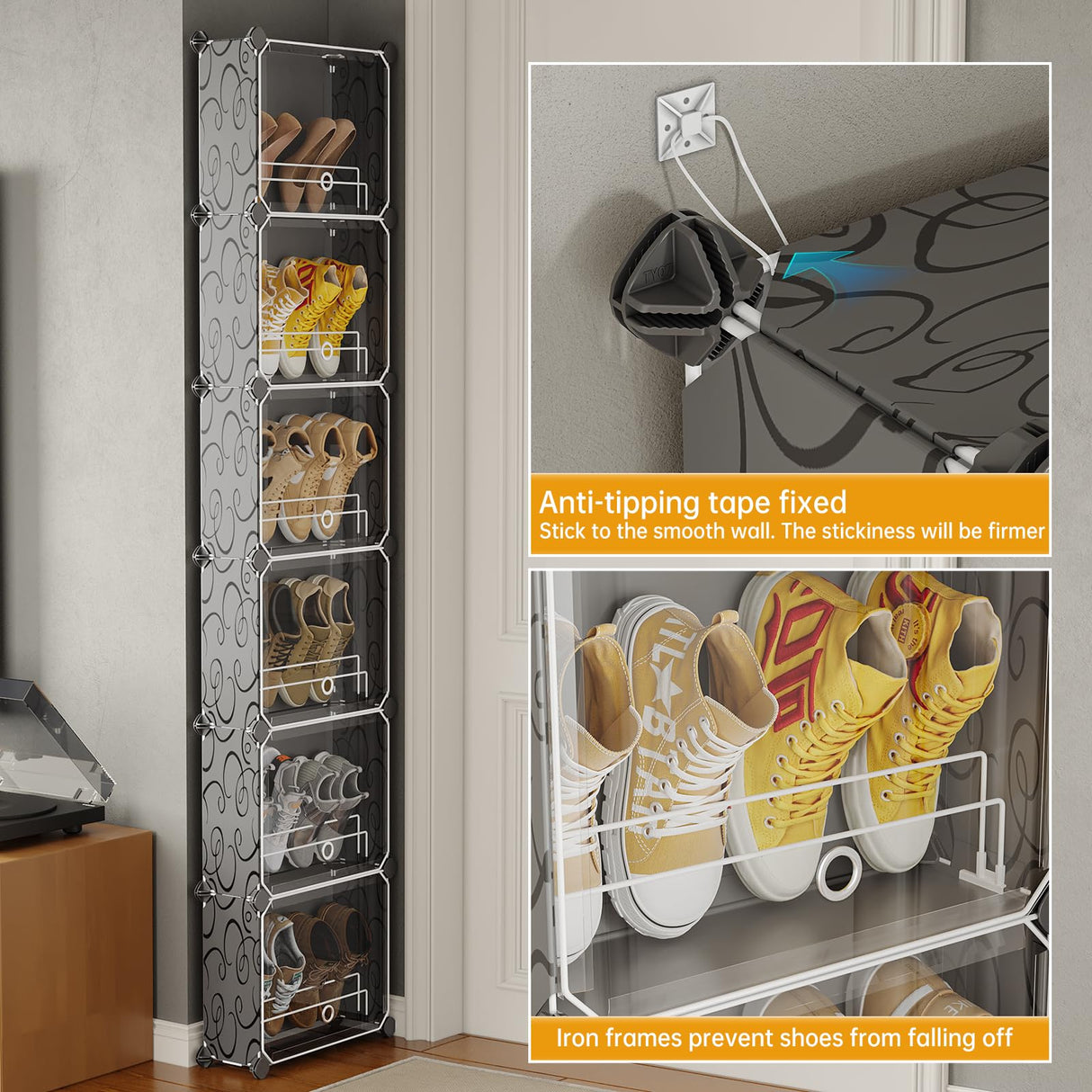 MAGINELS 6 Tier Shoe Rack Organizer with Cover, Slim Shoe Storage Cabinet, Behind The Door, Narrow Shoe Shelf for Closet, entryway, Black MAGINELS