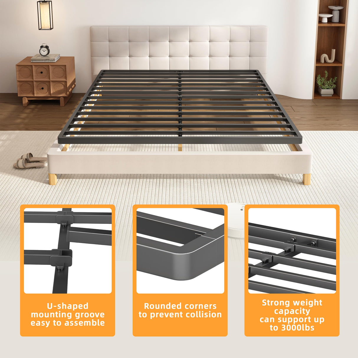 VIPSHOW 1.5 Inch Full Metal Box Spring with Round Corners - 3000 lbs Capacity, Low Profile Bed Slat Replacement Bunkie Board with Steel Slats, Noise-Free, Easy Assemble, Black VIPSHOW