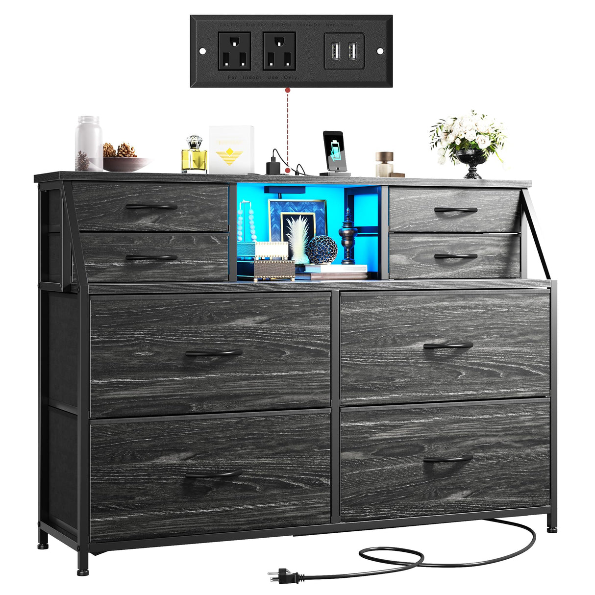 Romorgniz Dresser for Bedroom with Charging Station and LED, Sturdy Chest of Drawers with 8 Drawers and Two Open Shelves for Bedroom, Living Room,Hallway (Black) Romorgniz