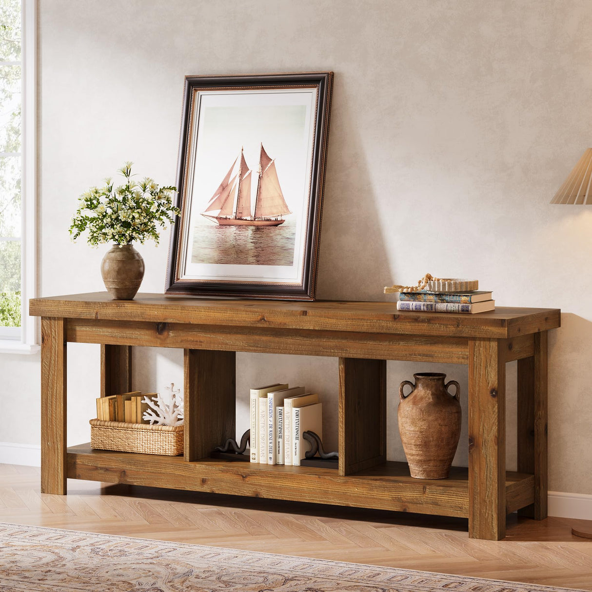 Tribesigns 63" Solid Wood TV Stand, Entertainment Center for 65 inch TVs, Farmhouse Style with 3 Open Storage Shelves, Rustic Brown Console for Living Room Bedroom, Fits 55 60 65 75 Inch Television Tribesigns