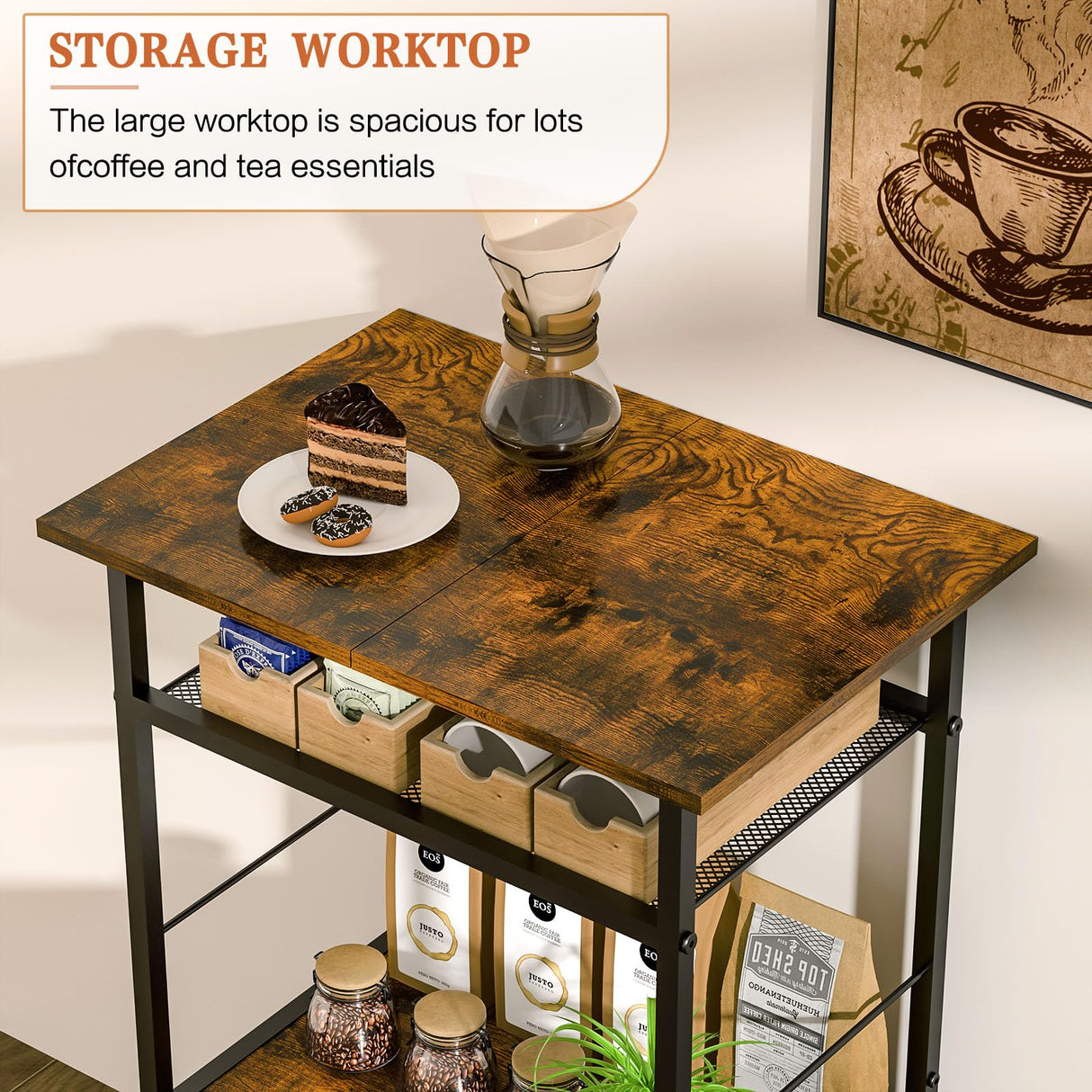 X-cosrack Coffee Bar Station, 3-Tier Small Coffee Stand Station with Storage, Farmhouse-Style Buffets and Sideboards Coffee Bar Cabinet Featuring 1-Door Cabinet for Living Room, Entryway, Kitchen X-cosrack