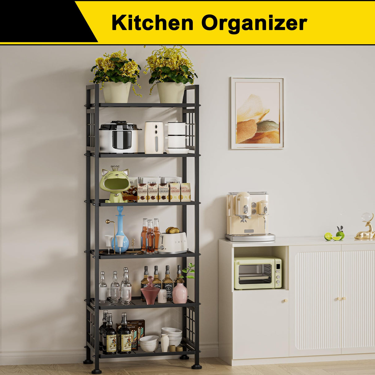 GIOTORENT 6-Wire Garage Shelving Storage Shelves, Metal Shelving Unit Pantry Rack, Kitchen Storage Adjustable Shelf 900Lbs Capacity for Laundry Kitchen Bathroom Organizer(Black) GIOTORENT