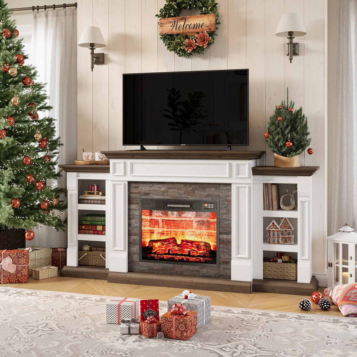 LGHM 70" Electric Fireplace with Mantel, Fireplace TV Stand for TVs Up to 80 Inch, Farmhouse Entertainment Center with Storage, Realistic Stacked Stone Surround with Remote Control for Living Room LGHM