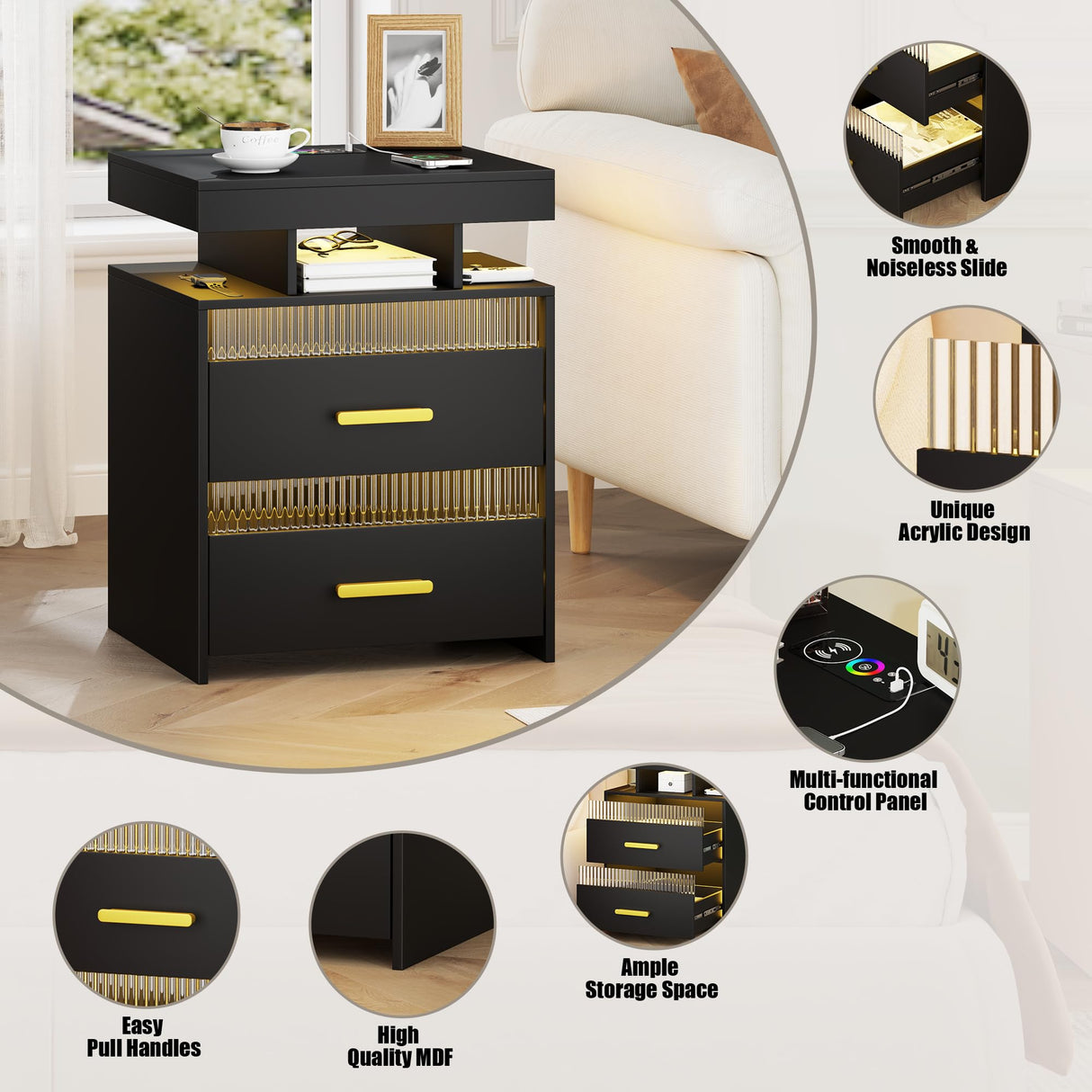 Nightstand with Charging Station and LED Lights, Night Stand with 2 Drawers, Wood Smart Bedside Table, Modern Bed Side Table for Bedroom, Black QPLZF