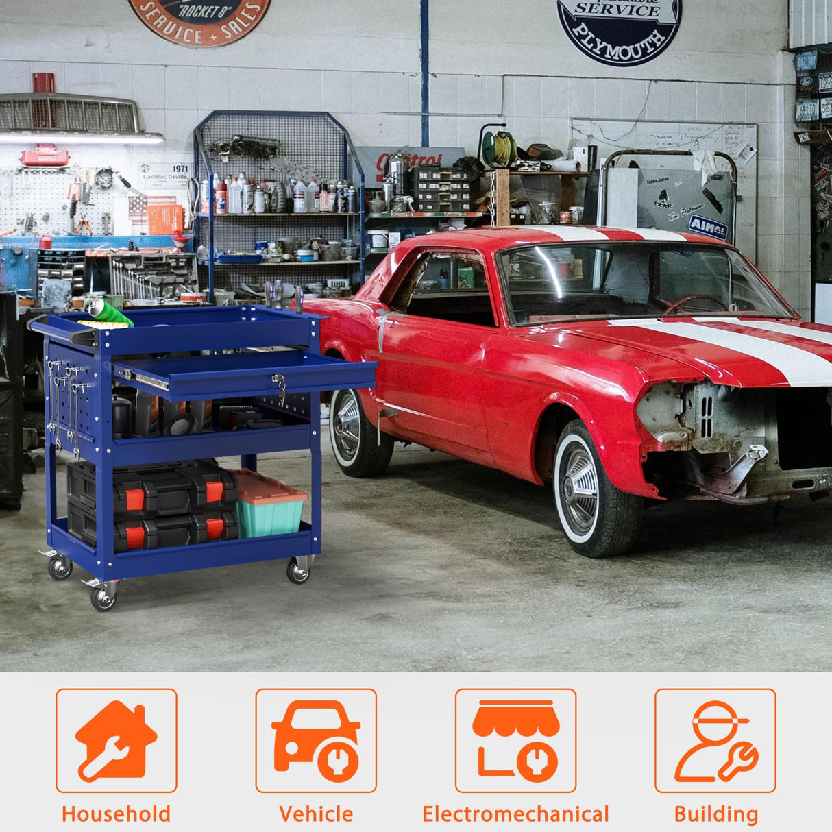 3-Tier Heavy Duty Utility Cart on Wheels, Rolling Tool Cart on Wheels with a Drawer, 350 Lbs Load Capacity Rolling Tool Storage Organizer for Garage, Warehouse and Repair Shop(Dark Blue) SGmory