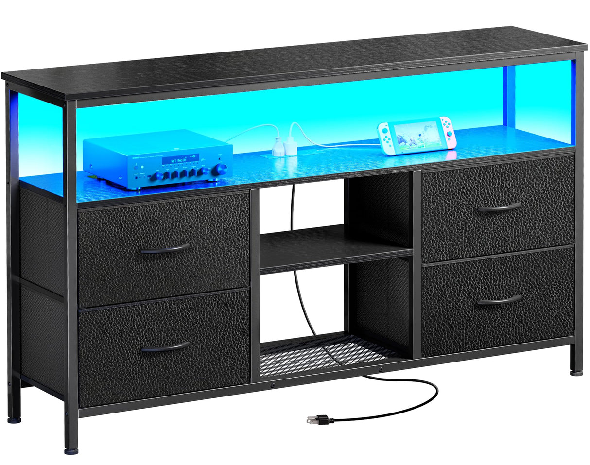 Huuger 47 Inch TV Stand Dresser with Power Outlets and LED Lights, 4 Drawers Entertainment Center with Open Shelf, Media Console for 55 50 Inch TV, Dresser with PU Finish, Black Huuger