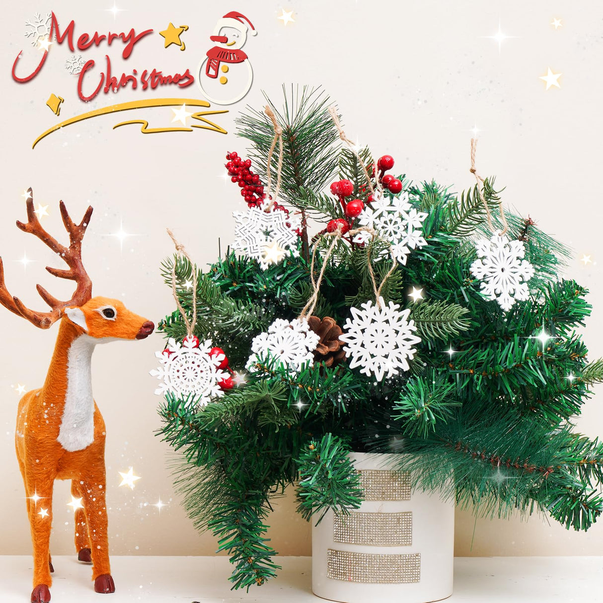 Bazayona 30pcs Wooden Snowflakes Ornaments Rustic Hanging Wood Christmas Tree Snowflake Ornaments Crafts Hollowed Embellishments for Christmas Holiday Decor, 3inch, White Bazayona