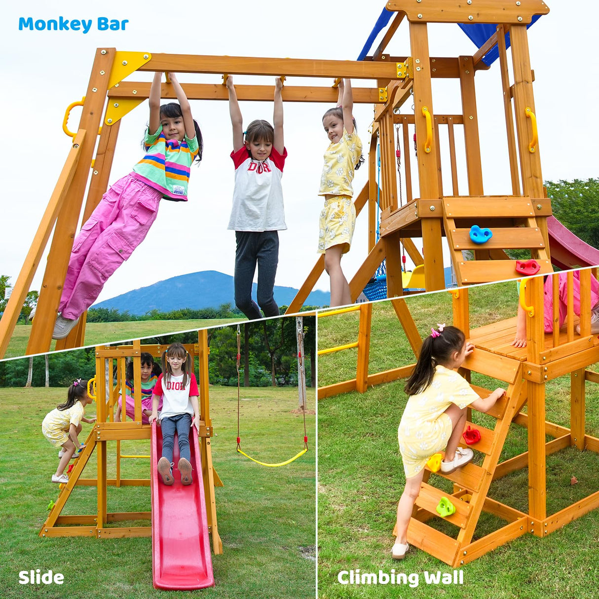 Suniboxi Swing-Sets with Monkey Bars for Backyard, Wooden Playground Set for Kids Ages 3-6, Outdoor Playset with Wave Slide, Play Deck, Rock Wall Ladder, Belt Swings & Canopy for Toddlers to Big Kids SuniBoxi
