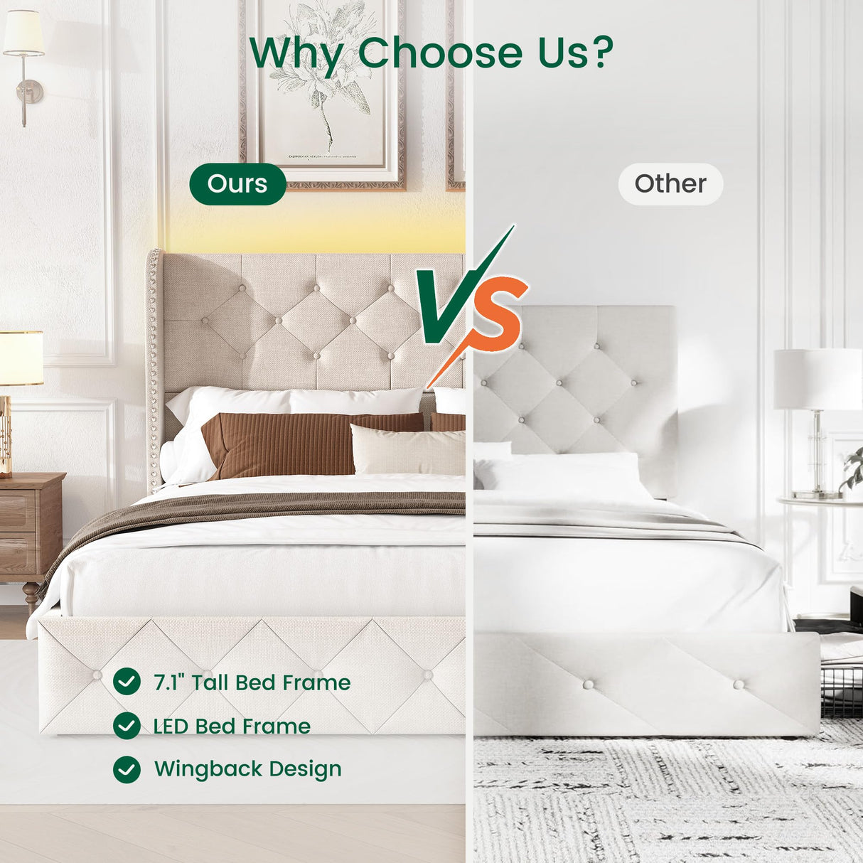 LARMACE Queen Size Bed Frame with LED Lights and 4 Storage Drawers Linen Upholstered Platform Bed Frame with Tufted Headboard Wingback, No Box Spring Needed, Easy to Assemble, Beige LARMACE