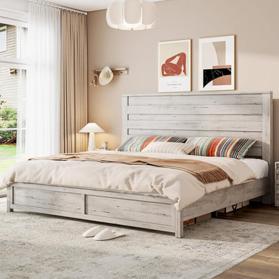 LUXOAK Farmhouse King Bed Frame with 49" Tall Headboard, Wooden Platform Beds with Hidden Metal Bed Frame, No Box Spring Needed/Easy Assembly, Distressed White