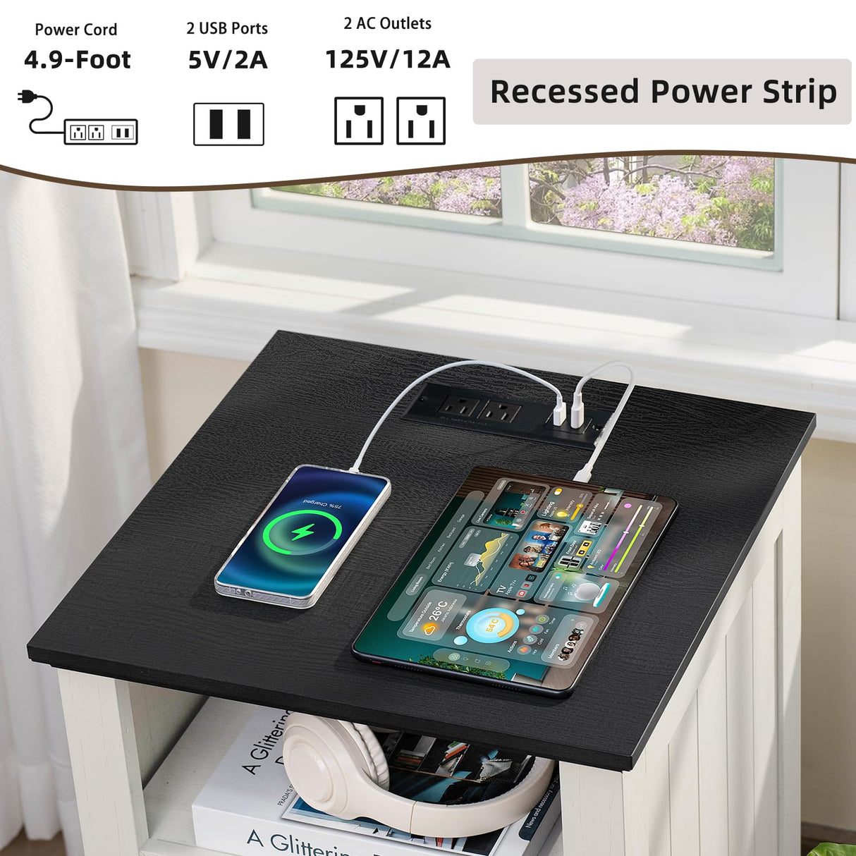 Joaxswe 18" Farmhouse Night Stand with Charging Station, 2 Drawers End Table Dresser for Bedroom, White Wooden Nightstand, Bed Side Table with Open Shelf, Bedside Cabinet for Living Room, Closet Joaxswe