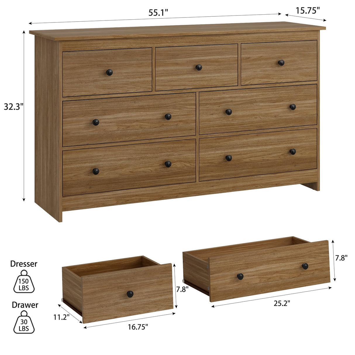 JOZZBY 55" Walnut Dresser for Bedroom, 7 Drawer Wood Large Dresser with Metal Knob, Modern Chests of Deep Drawers Organizer for Home Office, Hallway JOZZBY