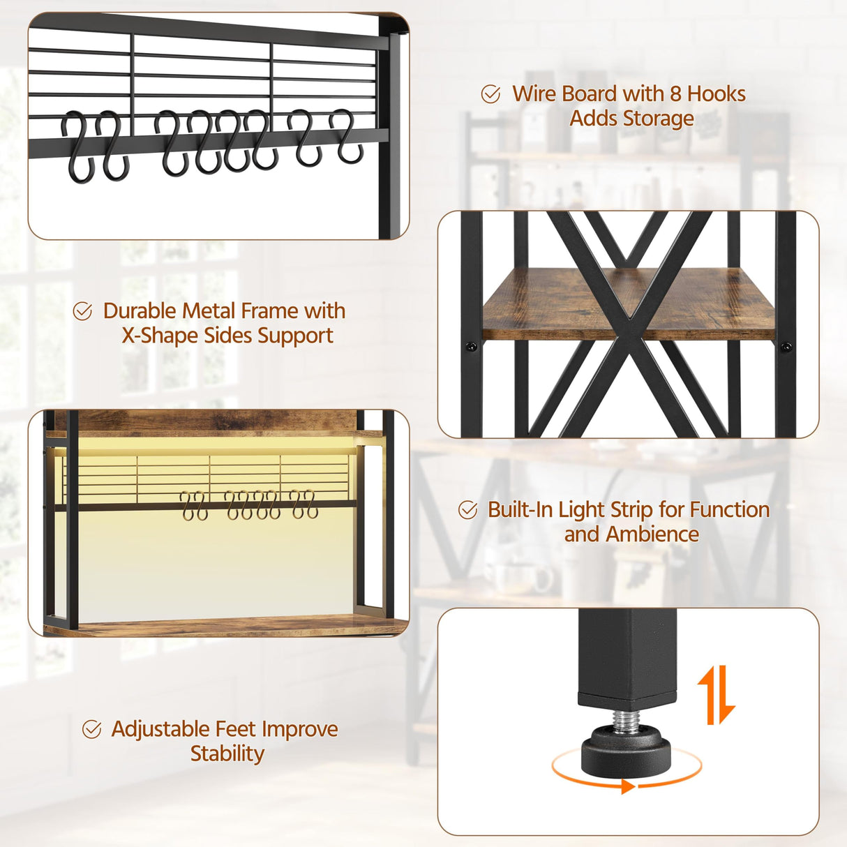 Yaheetech Kitchen Bakers Rack with Power Outlet & LED Lights, 5 Tiers Coffee Bar Table with 8 S Hooks, 64 Inches Tall Microwave Oven Stand with Storage for Spices, Pots, Rustic Brown Yaheetech