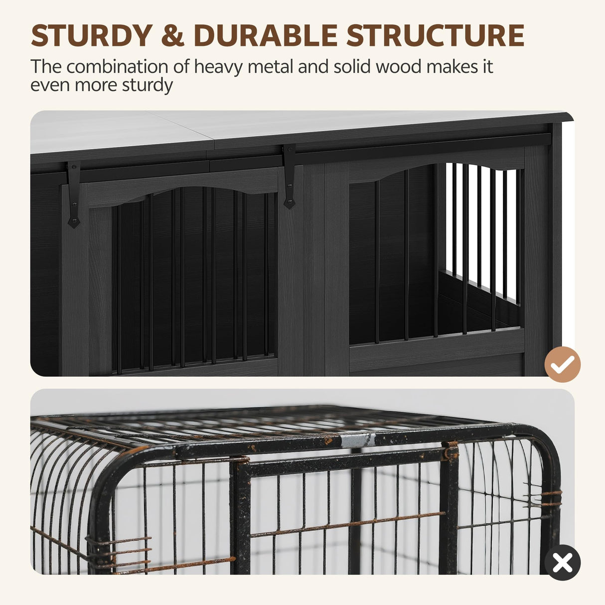 Homiflex 53.54 Inch Wooden Dog Crate Furniture Heavy Duty Dog Kennel Furniture with Sliding Doors for Large Breed Decorative Solid Wood Dog Cage End Table for Indoor, Dark Grey Homiflex