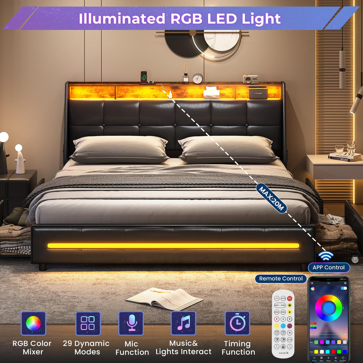 MSmask King Size Bed Frame with LED Lights, Storage Drawers, Charging Station & Wingback Headboard MSmask