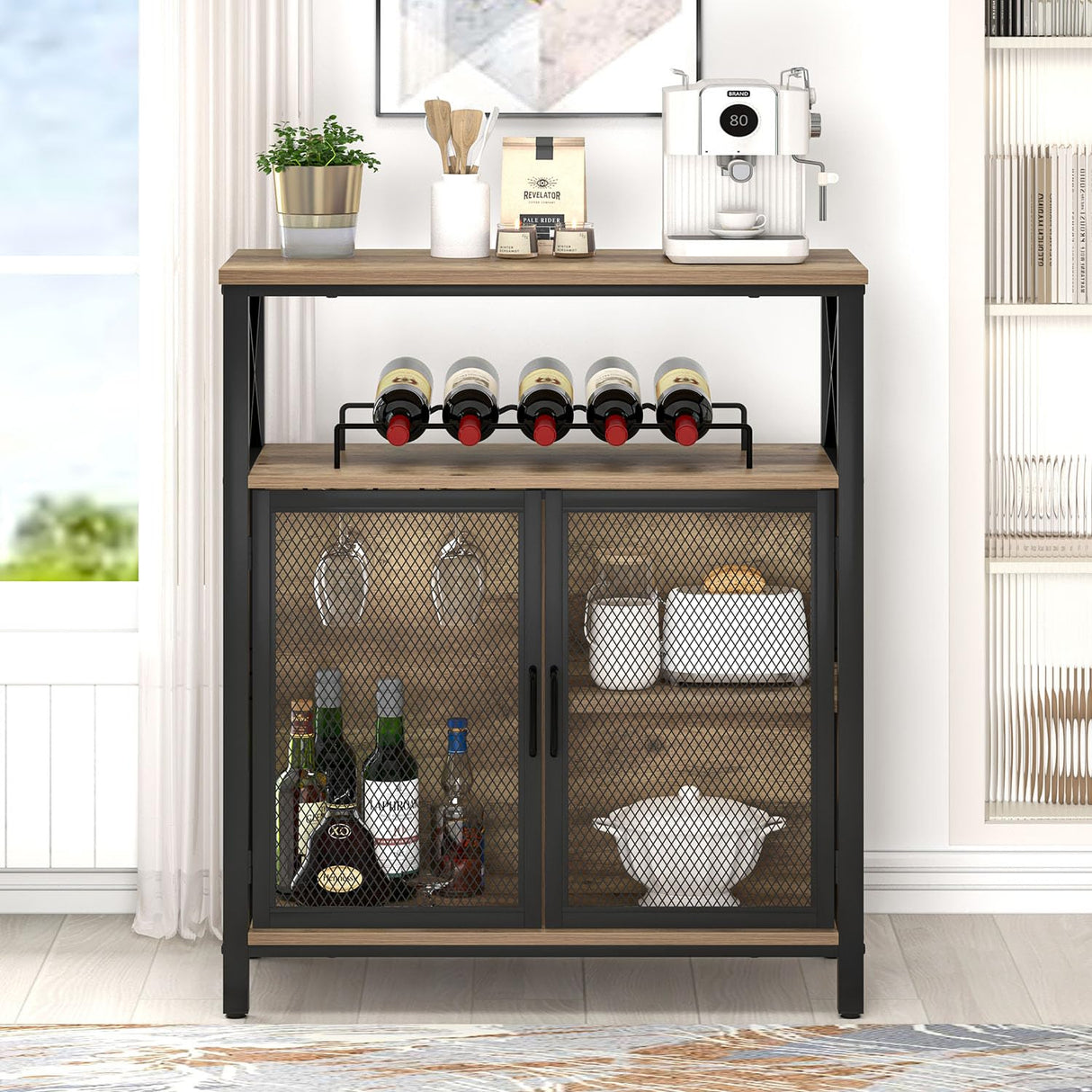FOLUBAN Coffee Bar Cabinet, Small Liquor Cabinet with Wine Rack for Home, Modern Wine Bar Cabinet with Storage for Living Dining Room, Farmhouse Kitchen Sideboard Buffet Cabinet, Oak 47 Inch FOLUBAN