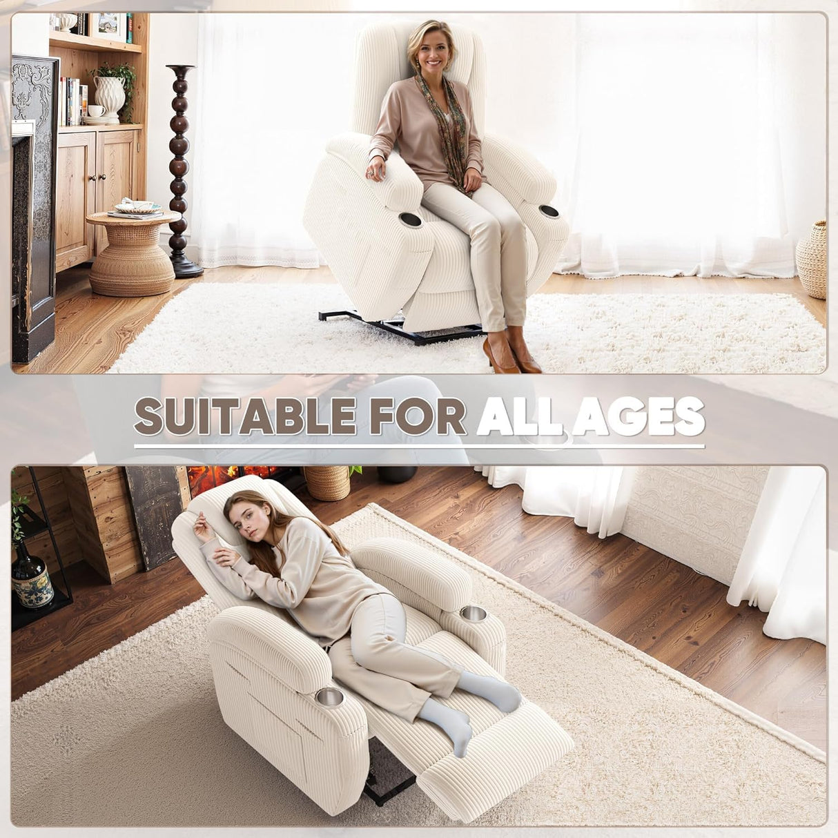 Power Lift Recliner Chair for Elderly with Massage Electric Lift Recliner Chairs with Cup Holders Side Pockets for Living Room (Corduroy, White) Shahoo