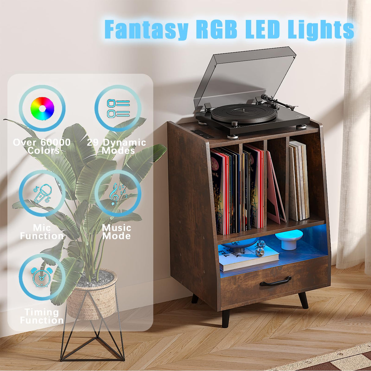 HedoAjim Large Record Player Stand with Vinyl Storage with LED Light, Turntable Stand with Drawer, Midcentury Record Player Table Holds Up to 200+ Albums, DVD Shelf for Music Room Living Room-Walnut HedoAjim